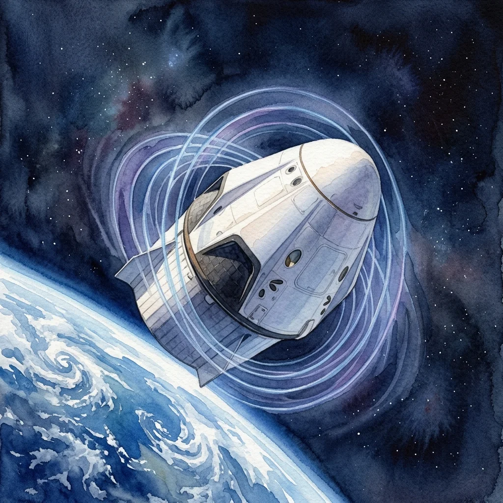 Delicate watercolor painting of SpaceX Dragon capsule in glowing orbital gravity vortex on cold-press paper.