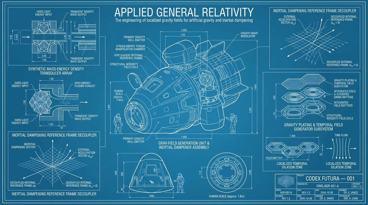 Vertical 2:3 portrait CAD technical blueprint schematic layout of Applied General Relativity apparatus.