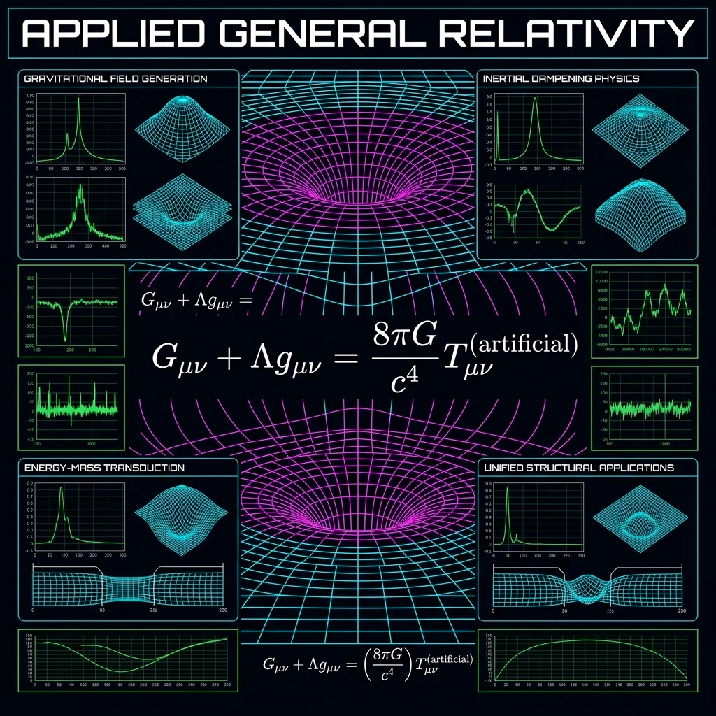 2K 16:9 widescreen landscape R&D technical diagram poster of Metric Manipulation Equation, Higgs field coupling, and 4 modular FUI panels.