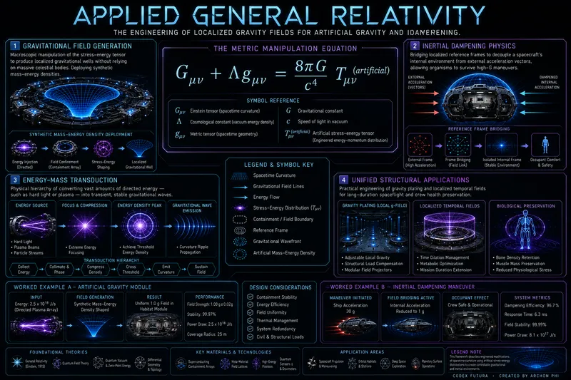 Technical infographic for Applied General Relativity: the Metric Manipulation Equation with symbol key, and panels on gravitational field generation, inertial dampening, energy-mass transduction, and unified structural applications, with two worked examples.