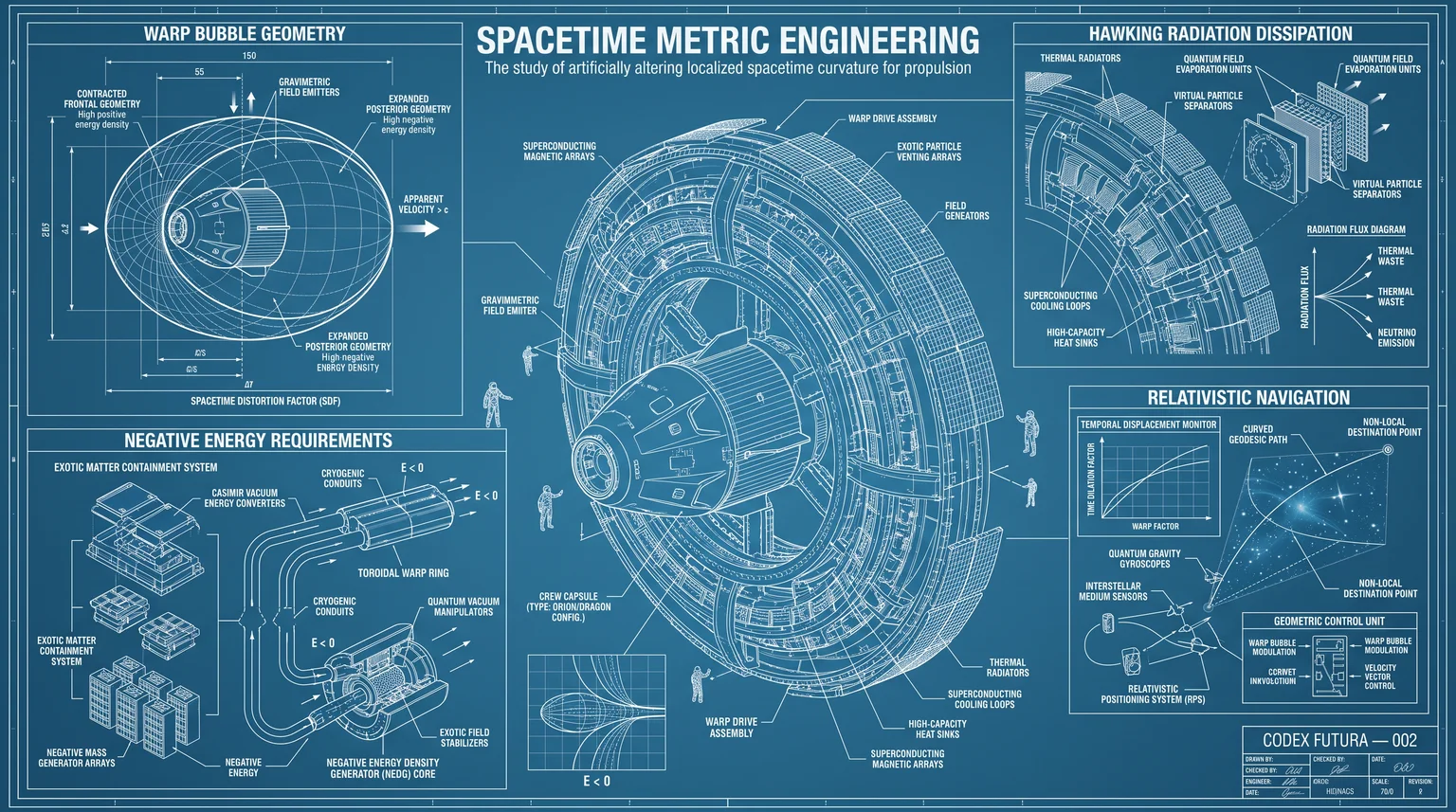 Full-bleed CAD blueprint engineering schematic for Spacetime Metric Engineering.