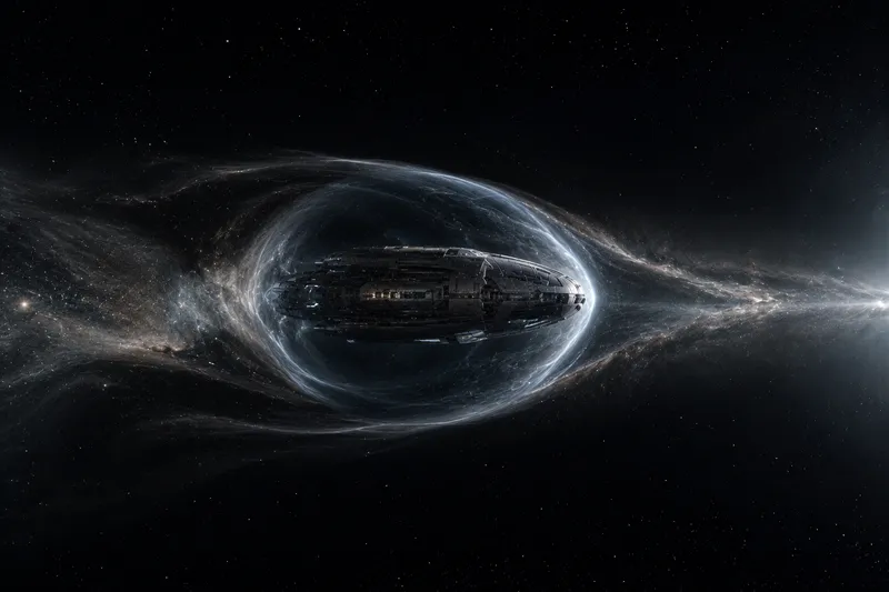 Cinematic depiction of Spacetime Metric Engineering — a starship encased in a luminous warp bubble that contracts space ahead and expands it behind, adrift in deep space.
