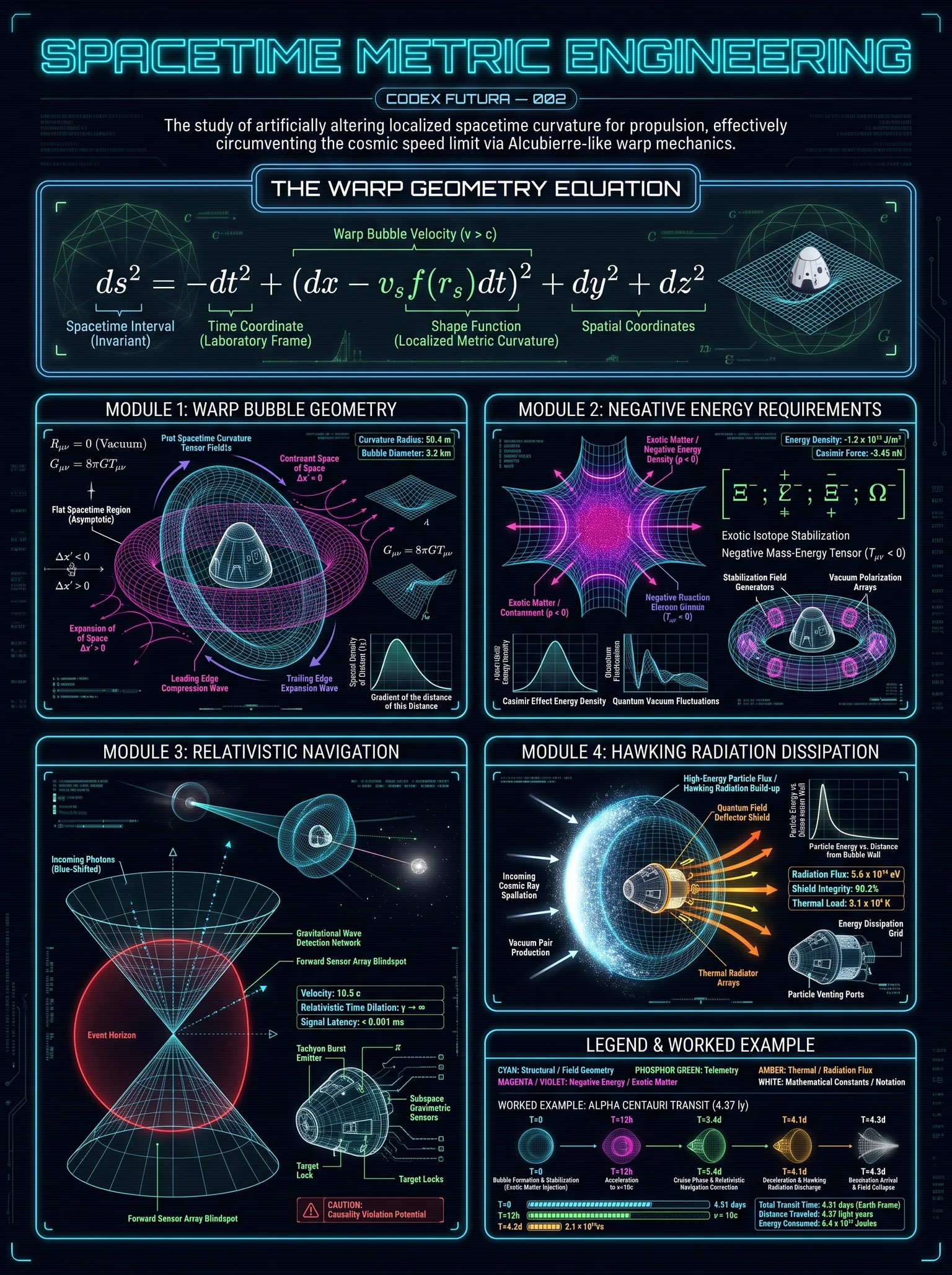 Technical infographic for Spacetime Metric Engineering: the warp geometry (Alcubierre) equation, warp-bubble geometry, negative-energy requirements, relativistic navigation, and Hawking-radiation dissipation, with worked examples and a scale reference.