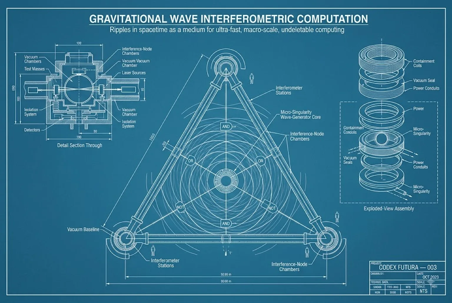 Blueprint engineering schematic for Gravitational Wave Interferometric Computation.