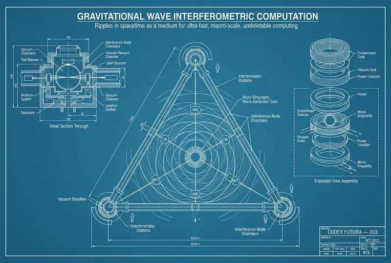 Blueprint engineering schematic for Gravitational Wave Interferometric Computation.