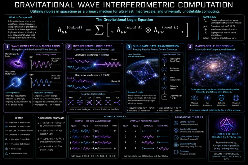 Technical infographic for Gravitational Wave Interferometric Computation: the gravitational logic equation, binary-encoded wave generation, interference logic gates with truth tables, sub-space data transduction, and a galactic-scale computational network.