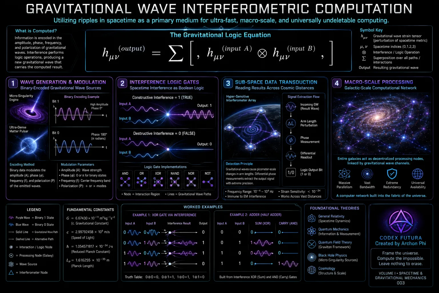 Technical infographic for Gravitational Wave Interferometric Computation: the gravitational logic equation, binary-encoded wave generation, interference logic gates with truth tables, sub-space data transduction, and a galactic-scale computational network.