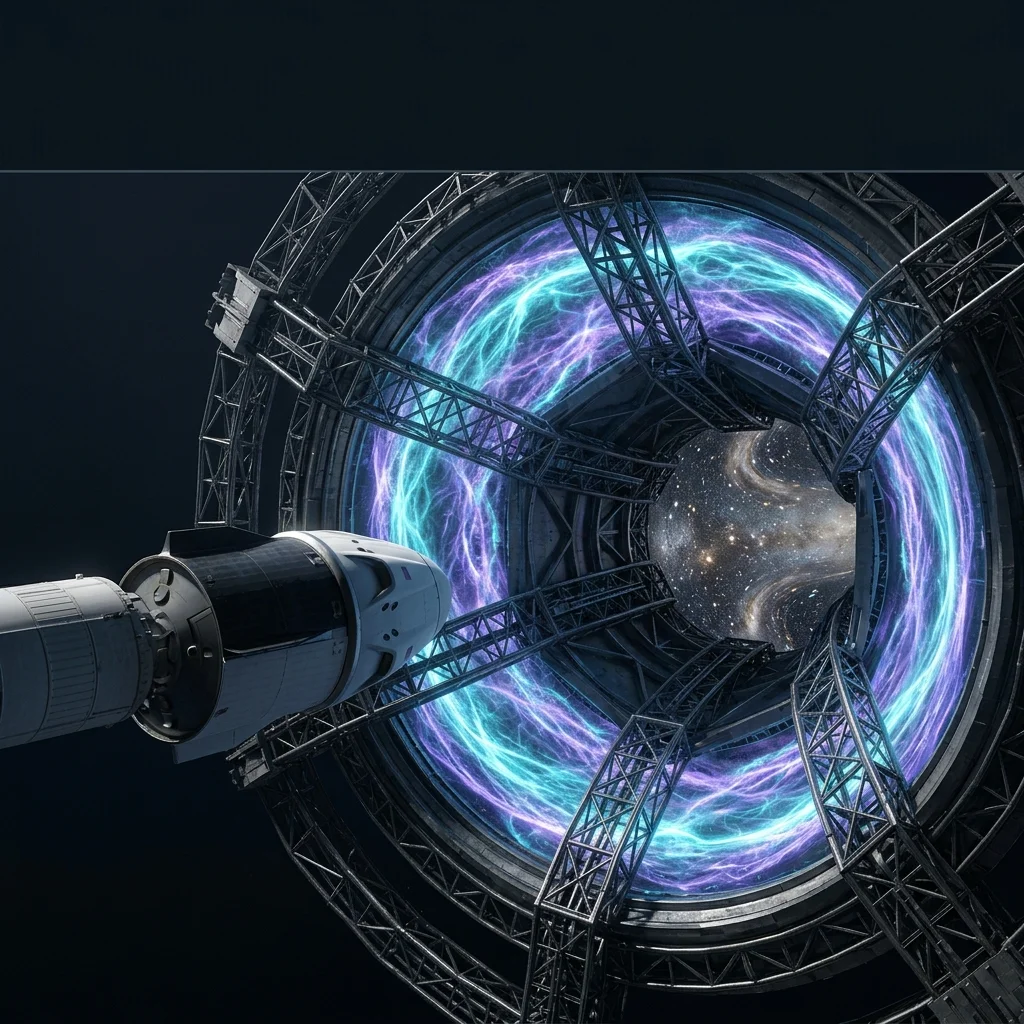 Cinematic depiction of Wormhole Topology — two massive engineered Einstein-Rosen gate structures with a glowing throat of curved spacetime stretched between them, in orbit above Earth.