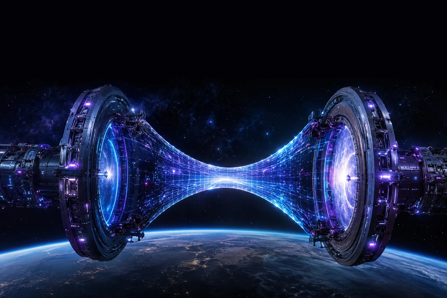 Cinematic depiction of Wormhole Topology — two massive engineered Einstein-Rosen gate structures with a glowing throat of curved spacetime stretched between them, in orbit above Earth.