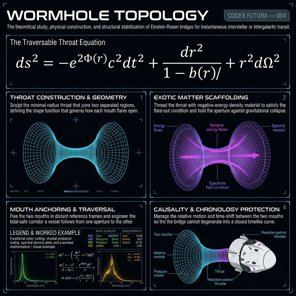 Technical infographic for Wormhole Topology: the traversable throat (Morris-Thorne) equation, throat construction and geometry, exotic-matter scaffolding with a negative energy-density profile, mouth anchoring and traversal, and causality/chronology protection, with worked examples.
