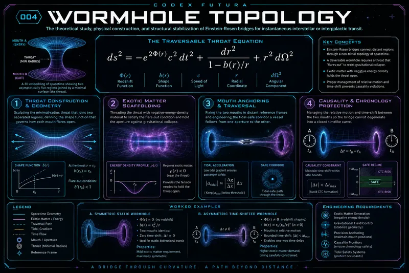 Technical infographic for Wormhole Topology: the traversable throat (Morris-Thorne) equation, throat construction and geometry, exotic-matter scaffolding with a negative energy-density profile, mouth anchoring and traversal, and causality/chronology protection, with worked examples.