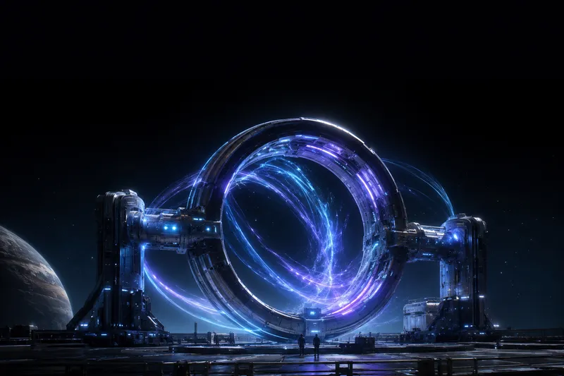 Cinematic depiction of Chronometric Engineering — a colossal ring-shaped temporal apparatus wreathed in swirling blue and violet energy on a platform, human figures for scale, a planet beyond.
