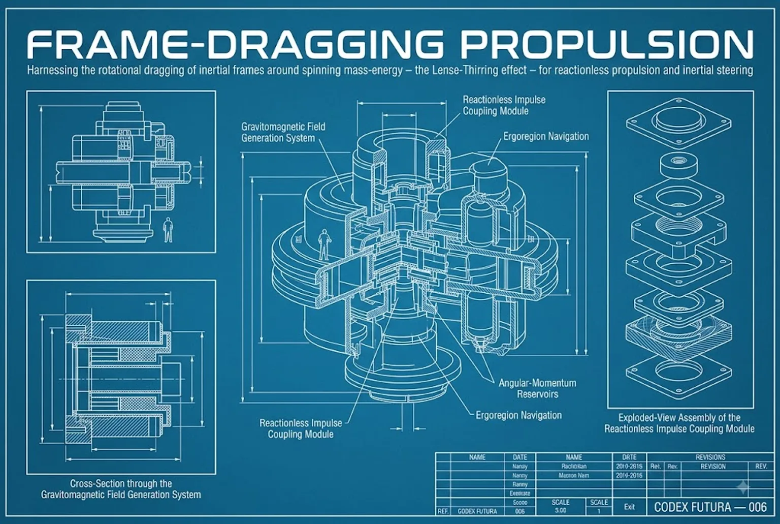 Blueprint engineering schematic for frame-dragging propulsion and angular-momentum reservoirs.
