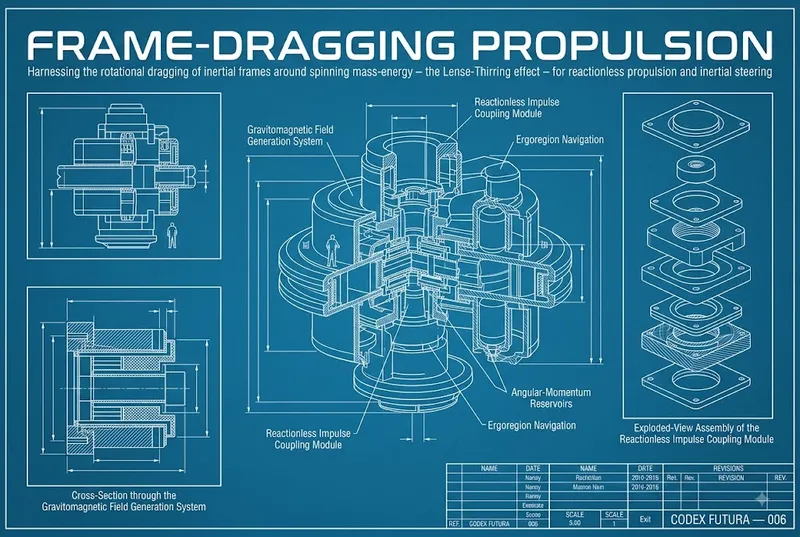 Blueprint engineering schematic for frame-dragging propulsion and angular-momentum reservoirs.