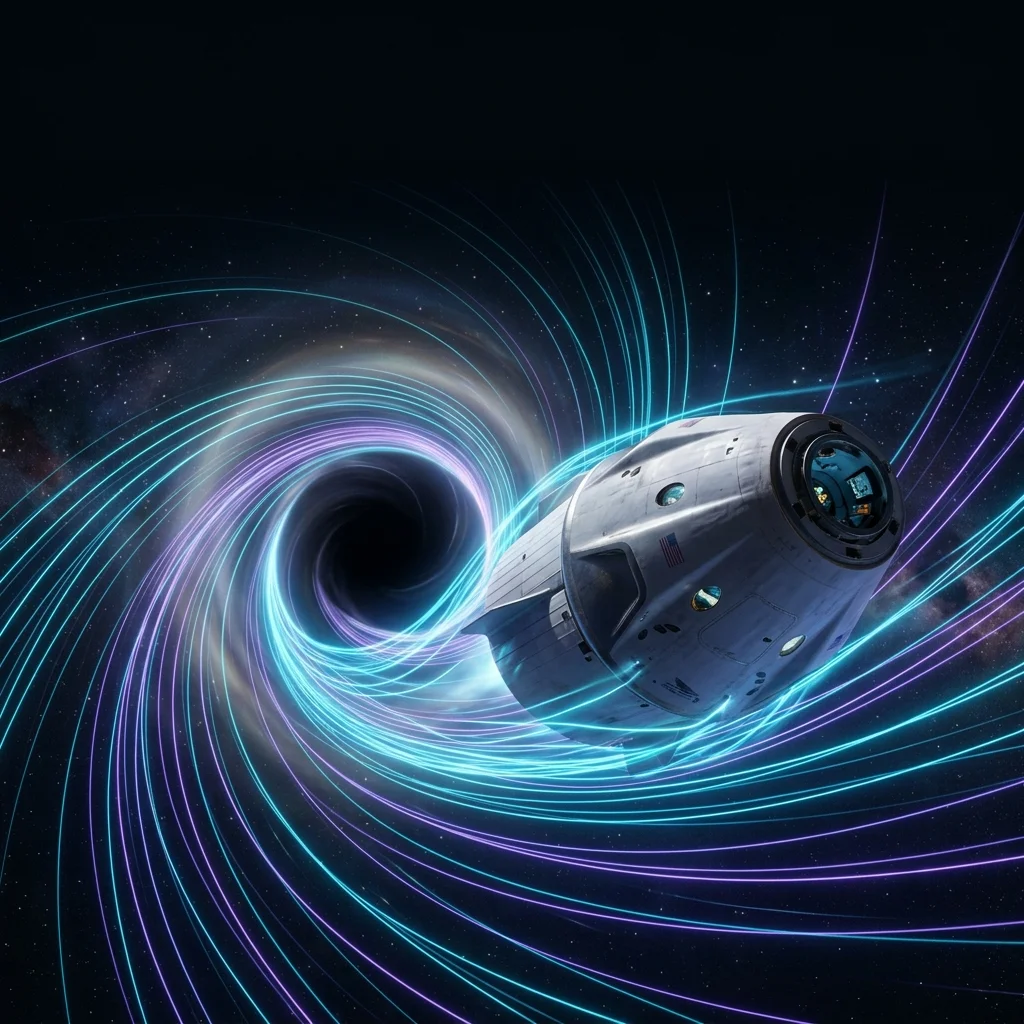 Cinematic hero view of Frame-Dragging Propulsion — a NASA Orion capsule riding the Lense-Thirring ergosphere vortex.