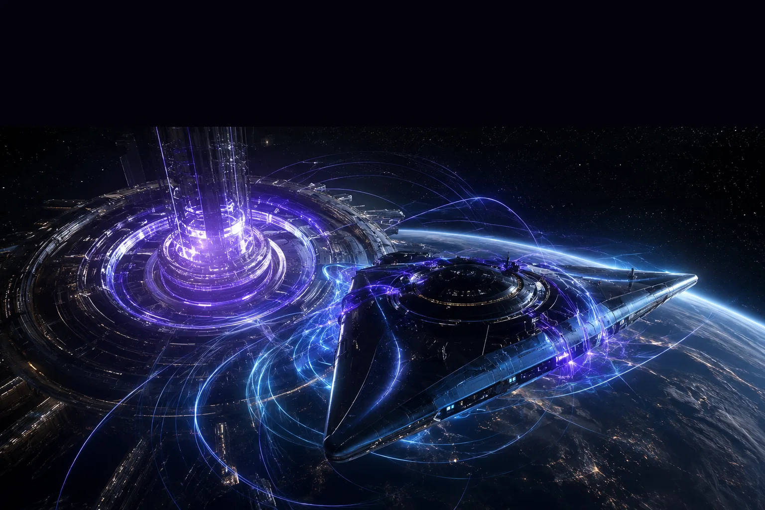Cinematic depiction of Frame-Dragging Propulsion — a spinning vessel harnessing the Lense-Thirring effect in deep space.