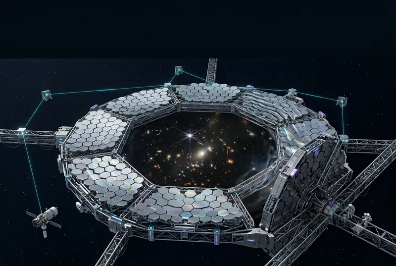 Artistic render of a planet-side gravitational observatory focusing light from distant star systems.