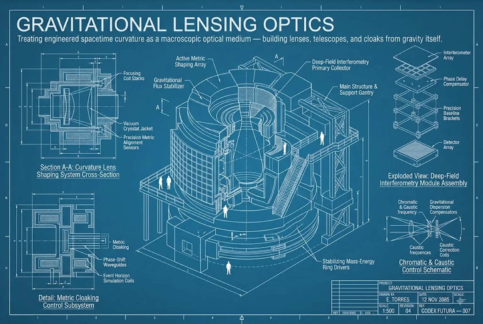 Blueprint schematic for curvature lens array and deep-field interferometry aperture.