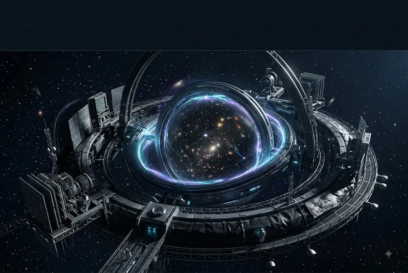Cinematic depiction of Gravitational Lensing Optics — engineered curvature focusing cosmic light.