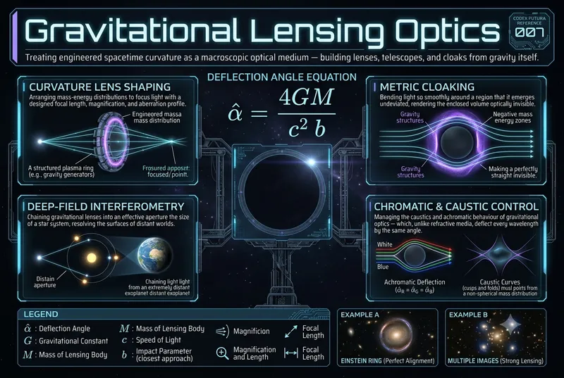 Technical breakdown of the deflection angle equation, metric cloaking, and curvature lens shaping.