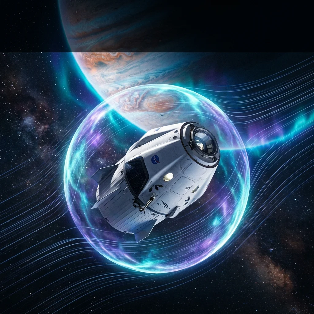 Cinematic depiction of Gravitational Field Shielding — a SpaceX Dragon capsule insulated inside a multi-layered metric insulation envelope.