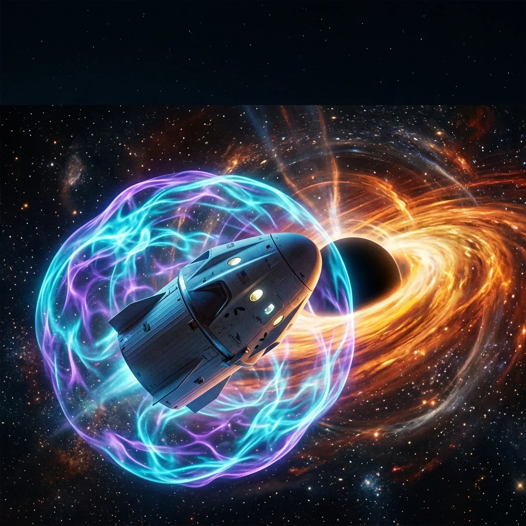 Cinematic depiction of Tidal Force Nullification — a SpaceX Dragon capsule navigating near a black hole event horizon with active counter-gradient field emitters.