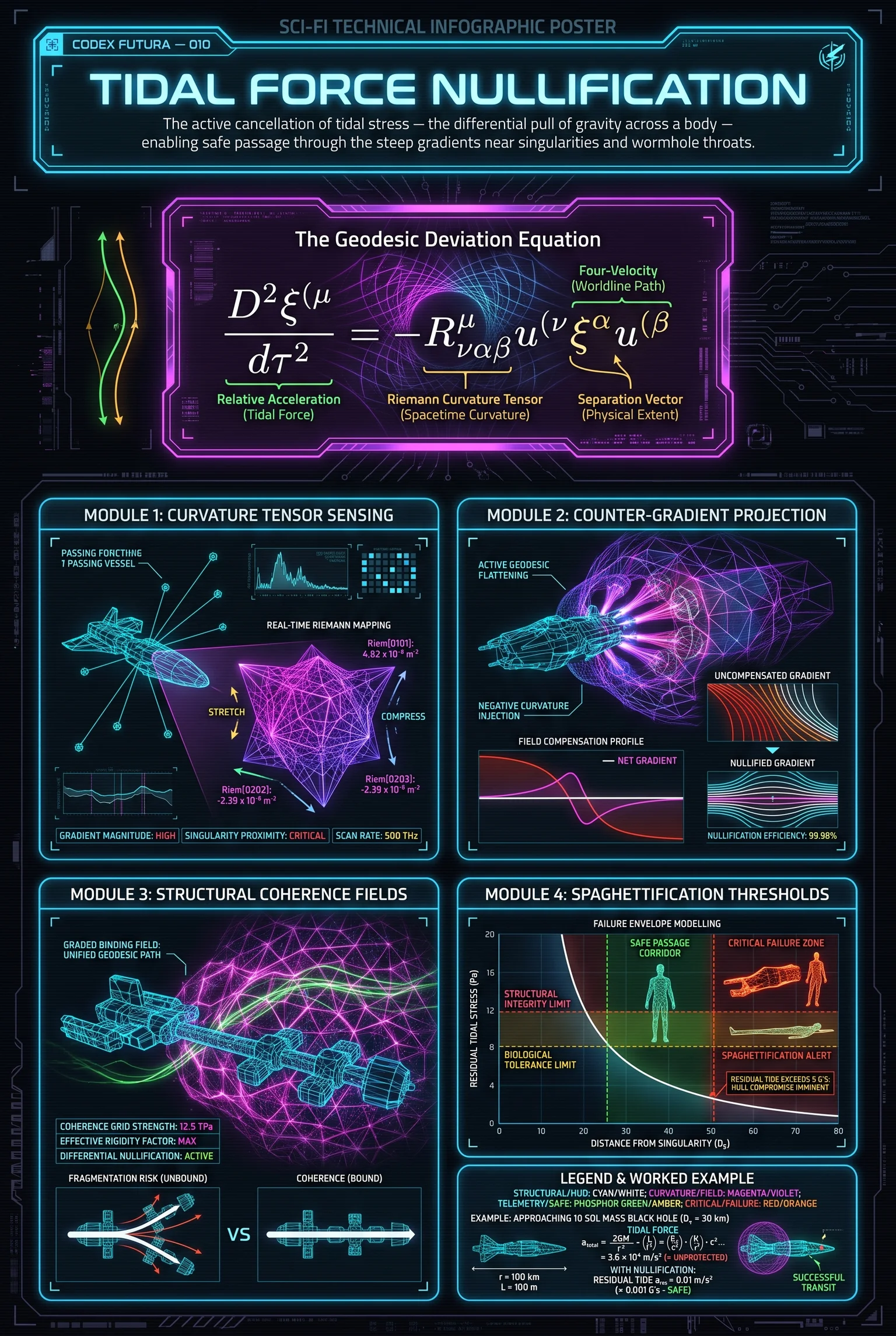 Technical infographic for Tidal Force Nullification: Geodesic Deviation Equation, Riemann tensor sensing, and spaghettification mitigation.