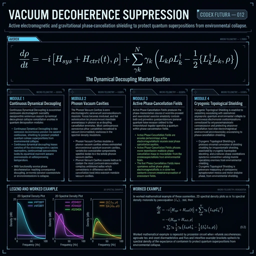 Technical infographic for Vacuum Decoherence Suppression — Dynamical Decoupling Master Equation and microwave pulse sequences.