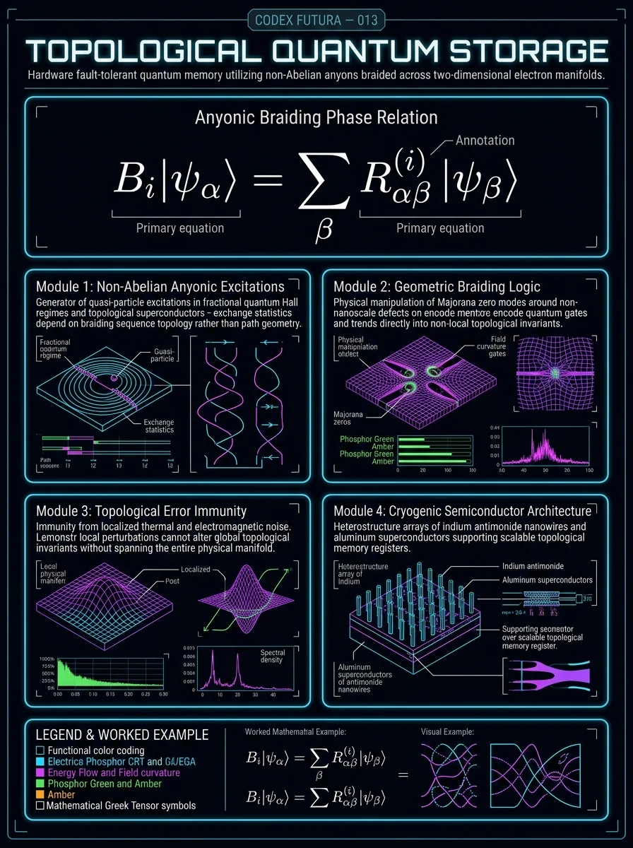 Technical infographic for Topological Quantum Storage — anyon braiding matrices, fractional quantum Hall regimes, and Majorana zero mode phase relations.